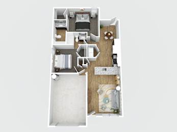 A top down view of a small apartment with a kitchen, living room, and bedroom.