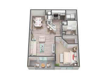 A top-down view of a small apartment with a kitchen, living room, and bedroom.