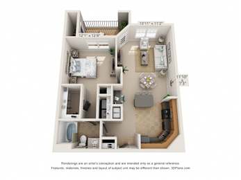 A 3D floor plan of a small apartment with a kitchen, living room, and two bedrooms.