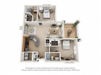 A 3D floor plan of a small apartment with a kitchen, living room, and bathroom.