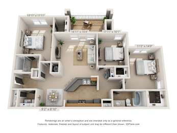 A 3D floor plan of a house with labeled dimensions.