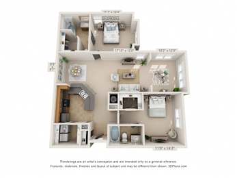 A 3D floor plan of a house with labeled dimensions.