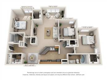 A 3D floor plan of a house with labeled rooms and dimensions.