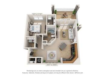 A 3D floor plan of a small apartment with a kitchen, living room, and bedroom.