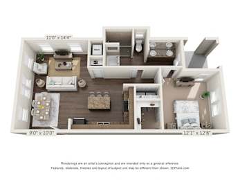 A floor plan of a small apartment with a kitchen, living room, and bedroom.