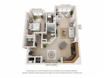 A 3D floor plan of a house with a living room, kitchen, and two bedrooms.