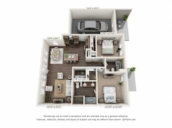 A 3D floor plan of a house with a living room, kitchen, and two bedrooms.