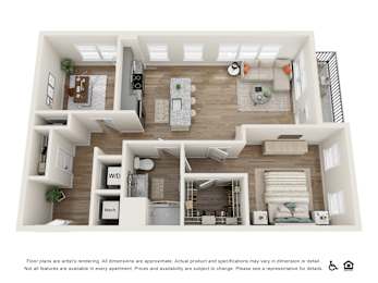 A floor plan of an apartment with a kitchen, living room, and bedrooms.