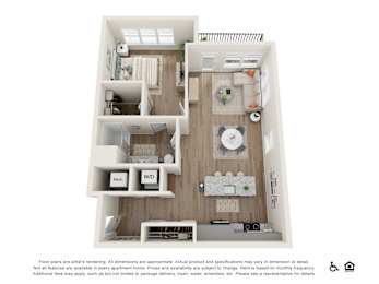 A floor plan of a small apartment with a kitchen, living room, and bathroom.