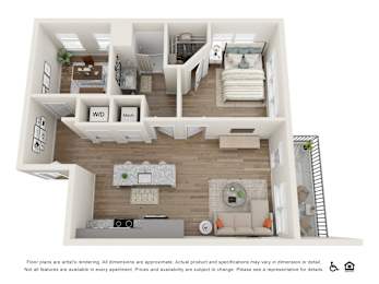 A 3D floor plan of a two-bedroom apartment with a living room, kitchen, and bathroom.