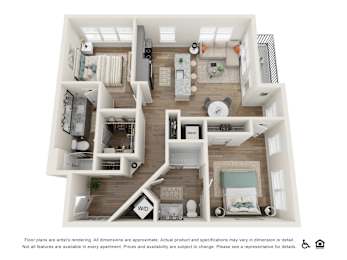 A floor plan of an apartment with a kitchen, living room, and bedrooms.