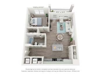 A 3D floor plan of a small apartment with a kitchen, living room, and bedroom.