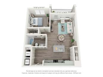 A 3D floor plan of a small apartment with a kitchen, living room, and two bedrooms.