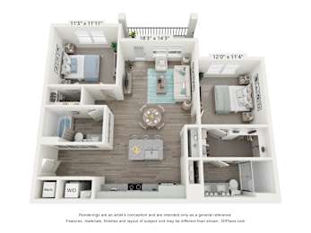 A 3D floor plan of a small apartment with a living room, kitchen, and two bedrooms.
