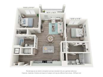 A 3D floor plan of a small apartment with a kitchen, living room, and two bedrooms.