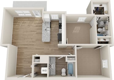 a 3d rendering of a floor plan with a wood floor