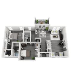 a two bedroom apartment with a bathroom and a balcony