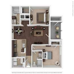 A floor plan of a house with a living room, kitchen, and two bedrooms.