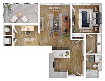 A floor plan of a house with a living room, kitchen, and two bedrooms.