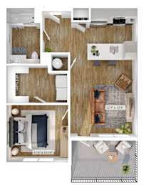 A floor plan of a small apartment with a living room, kitchen, and bathroom.