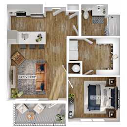 A series of images showing different layouts of a room with wooden flooring and furniture.