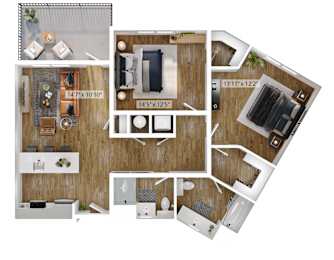 A floor plan of a small apartment with a kitchen, living room, and bathroom.