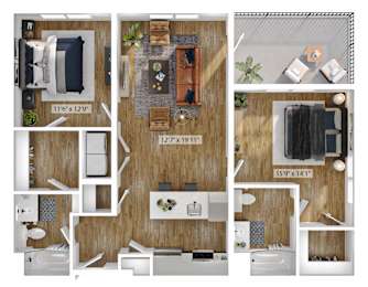 A floor plan of a small apartment with a living room, kitchen, and bathroom.