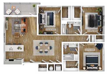 A floor plan of a house with a kitchen, living room, dining room, and bedrooms.