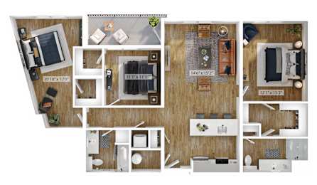 A floor plan of a house with a kitchen, living room, dining room, and bathroom.