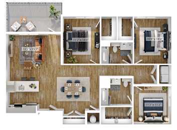 A floor plan of a house with a kitchen, living room, and two bedrooms.