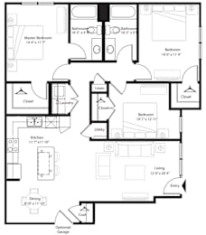 Bradford floor plan with a master bedroom, two bathrooms, a laundry room, a kitchen, a living room, a dining room, and an optional garage.