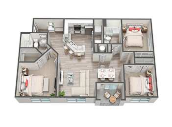 A 3D floor plan of a house with multiple rooms and furniture.