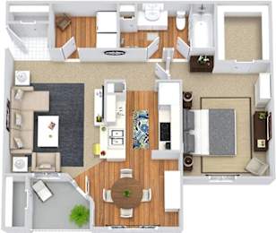 A top-down view of a modern apartment layout with a kitchen, living room, and bathroom.