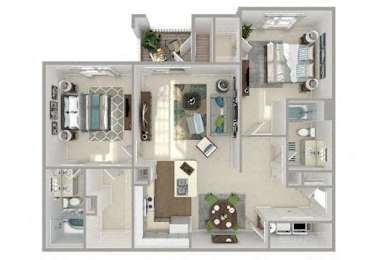 A 3D floor plan of a house with a kitchen, living room, and bathroom.