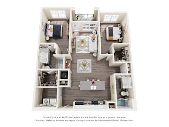 A 3D floor plan of a house with a kitchen, living room, and two bedrooms.