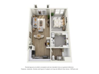 a stylized floor plan with a bedroom and living room