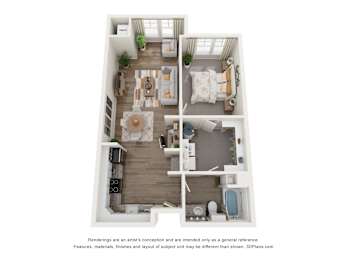 A 3D floor plan of a two-bedroom apartment with a living room, kitchen, and bathroom.