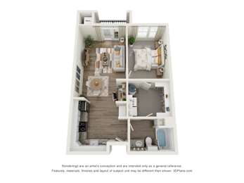 A 3D floor plan of a small apartment with a living room, kitchen, and bedroom.