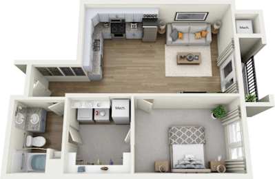 A 3D floor plan of a house with labeled rooms.