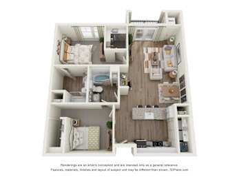 A 3D floor plan of a house with a kitchen, living room, and two bedrooms.