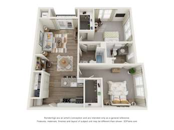 A 3D floor plan of a house with a kitchen, living room, and bedrooms.