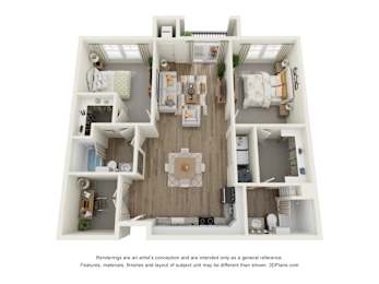 A 3D floor plan of a house with a living room, dining room, kitchen, and two bedrooms.