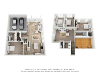 a schematic view of a 3 bedroom floor plan with furniture and a closet