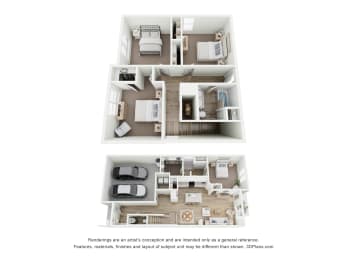 a stylized floor plan of a 3 bedroom apartment