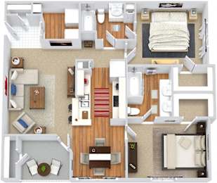 A top-down view of a small apartment with a kitchen, living room, and bedroom.