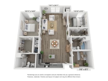 a 3 bedroom floor plan with a wood floor