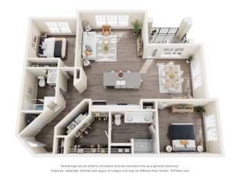 A 3D floor plan of a house with multiple rooms and furniture.