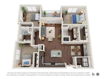 A floor plan of an apartment with various rooms and furniture.