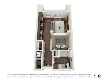 A floor plan of an apartment with a kitchen, living room, and bedroom.