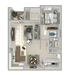 A 3D floor plan of a small apartment with a kitchen, living room, and bathroom.